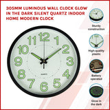 305mm Luminous Wall Clock Glow In The Dark Silent Quartz Indoor Home Modern Clock - Side View