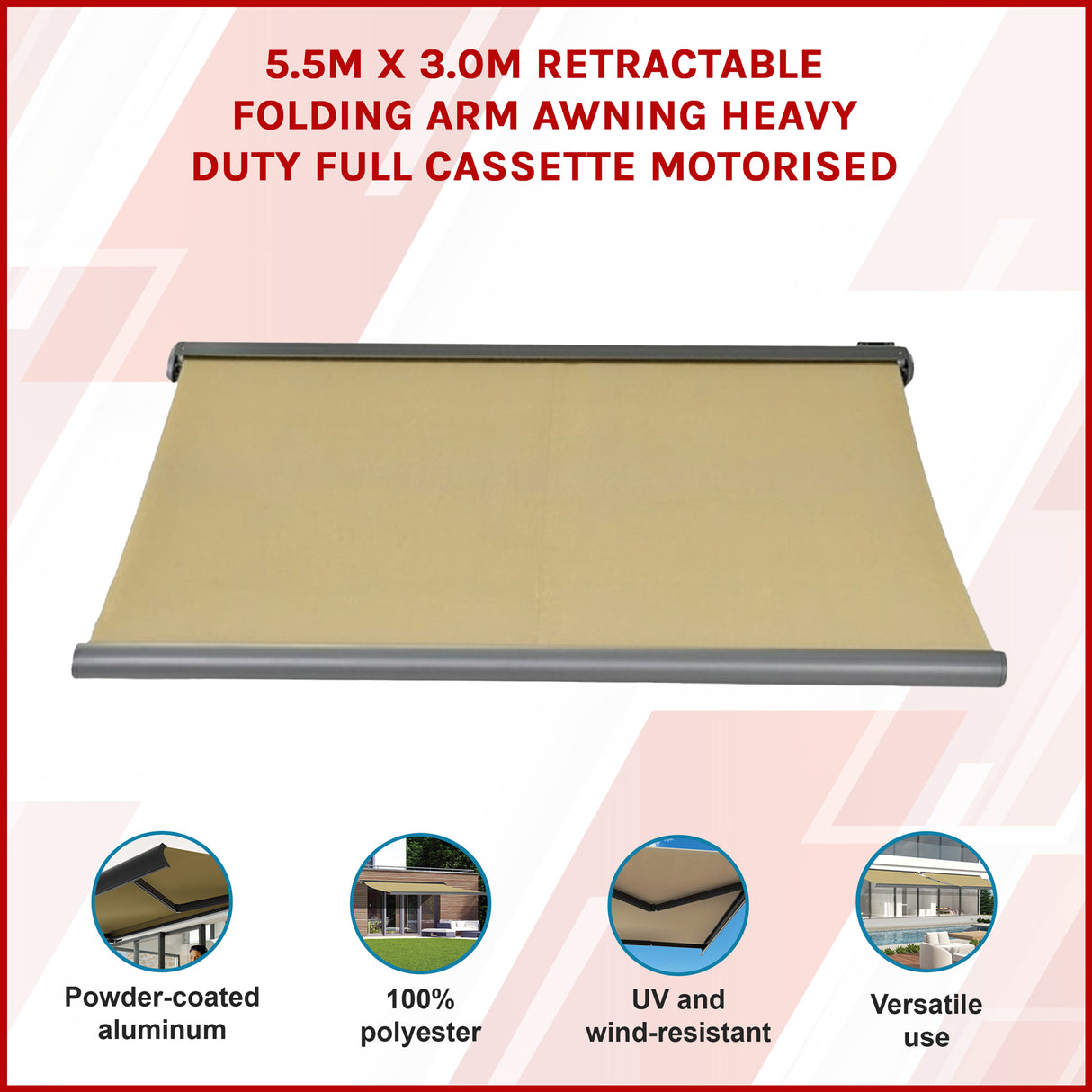 Heavy Duty Full Cassette Motorised Awning - 5.5m x 3.0m