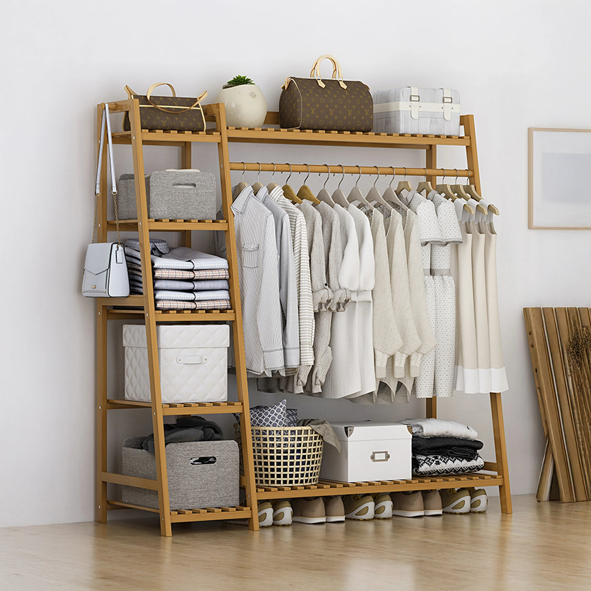 Portable Clothes Rack Coat Garment Stand Bamboo Rail Hanger Airer Closet