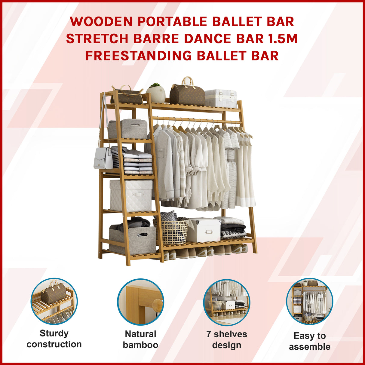 Portable Clothes Rack Coat Garment Stand Bamboo Rail Hanger Airer Closet