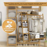 Portable Clothes Rack Coat Garment Stand Bamboo Rail Hanger Airer Closet - Rear View