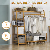 Portable Clothes Rack Coat Garment Stand Bamboo Rail Hanger Airer Closet - Extra Image