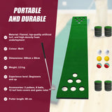 Golf Beer Pong Game Toy Set Green Golf Putting Matt with 2 Putters, 6 Balls - Side View