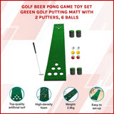 Golf Beer Pong Game Toy Set Green Golf Putting Matt with 2 Putters, 6 Balls - Close-Up Angle