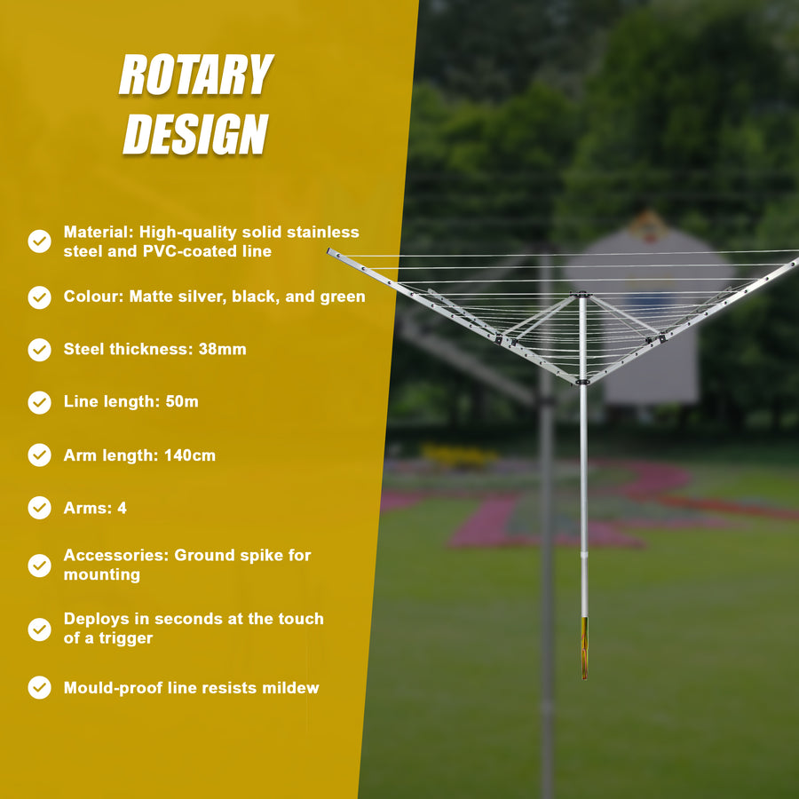 4 Arm Rotary Airer Outdoor Washing Line Clothes Dryer 50m Length