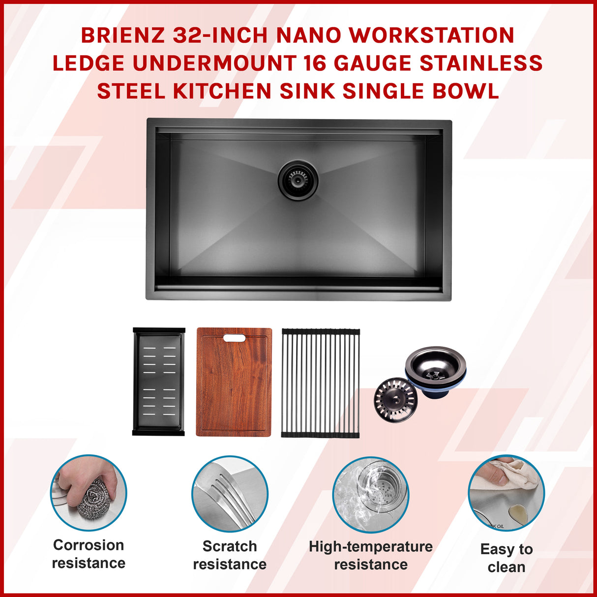 775x406mm Nano Single Bowl Kitchen Sink with Workstation Accessories
