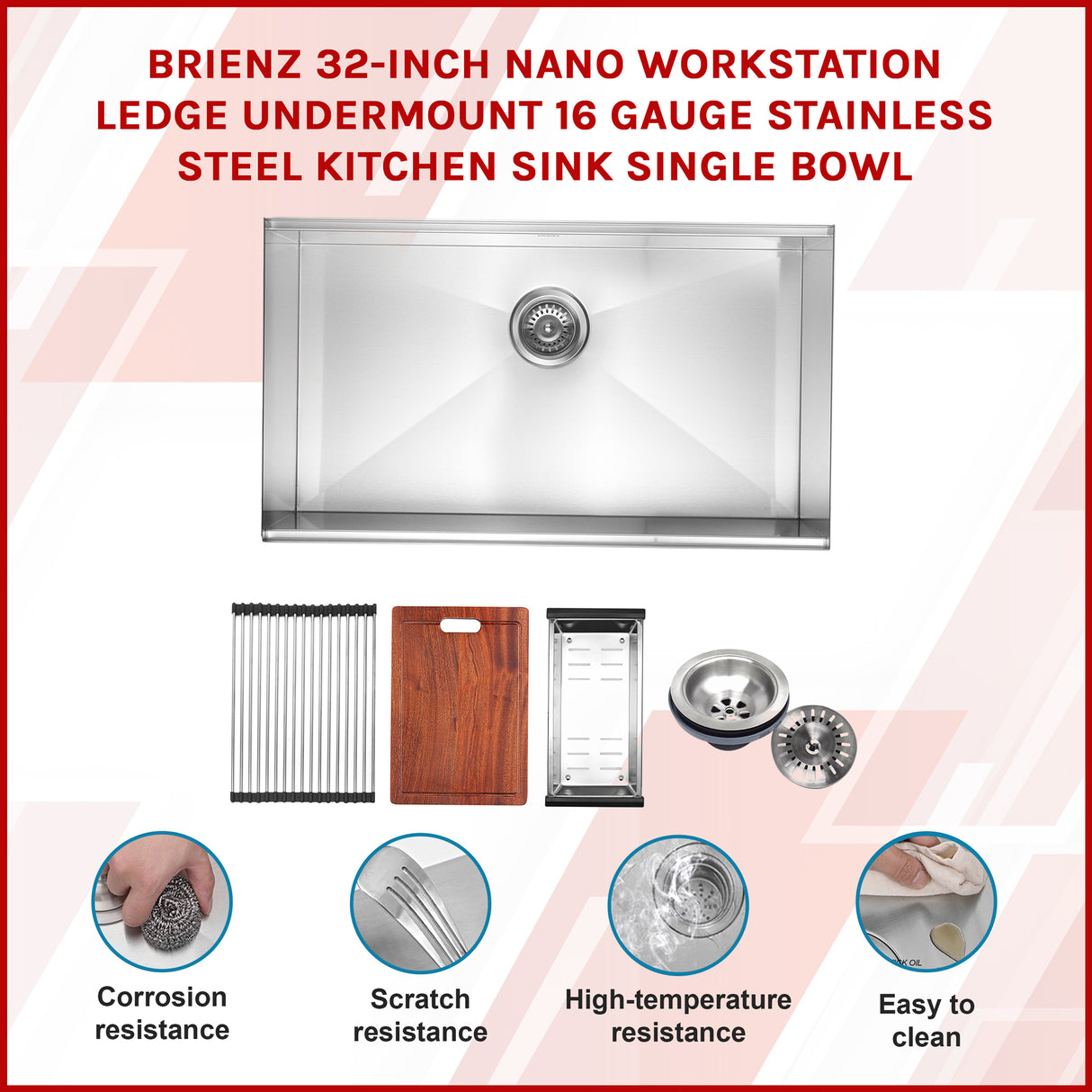 BRIENZ 32-inch Nano Workstation Ledge Undermount 16 Gauge Stainless Steel Kitchen Sink Single Bowl
