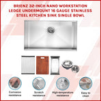 BRIENZ 32-inch Nano Workstation Ledge Undermount 16 Gauge Stainless Steel Kitchen Sink Single Bowl