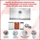 BRIENZ 32-inch Nano Workstation Ledge Undermount 16 Gauge Stainless Steel Kitchen Sink Single Bowl - Side View