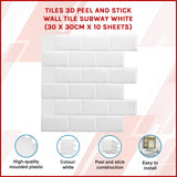 Tiles 3D Peel and Stick Wall Tile Subway White (30 x 30cm x 10 sheets) - Side View