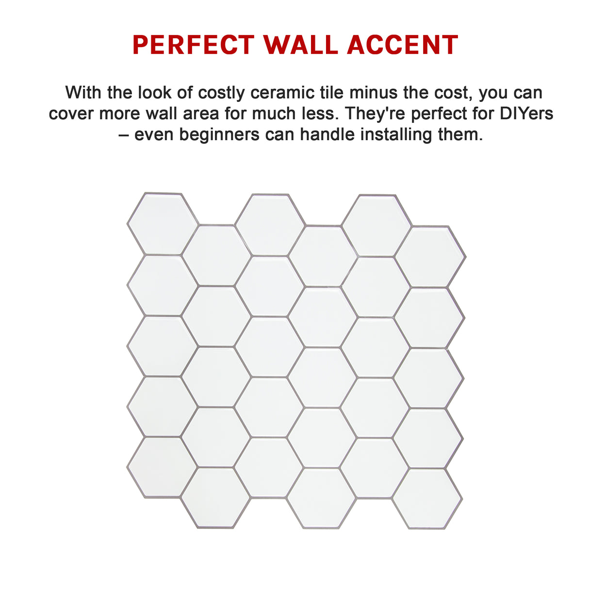 Tiles 3D Peel and Stick Wall Tile Hexagon White (30cm x 30cm x 10 sheets)