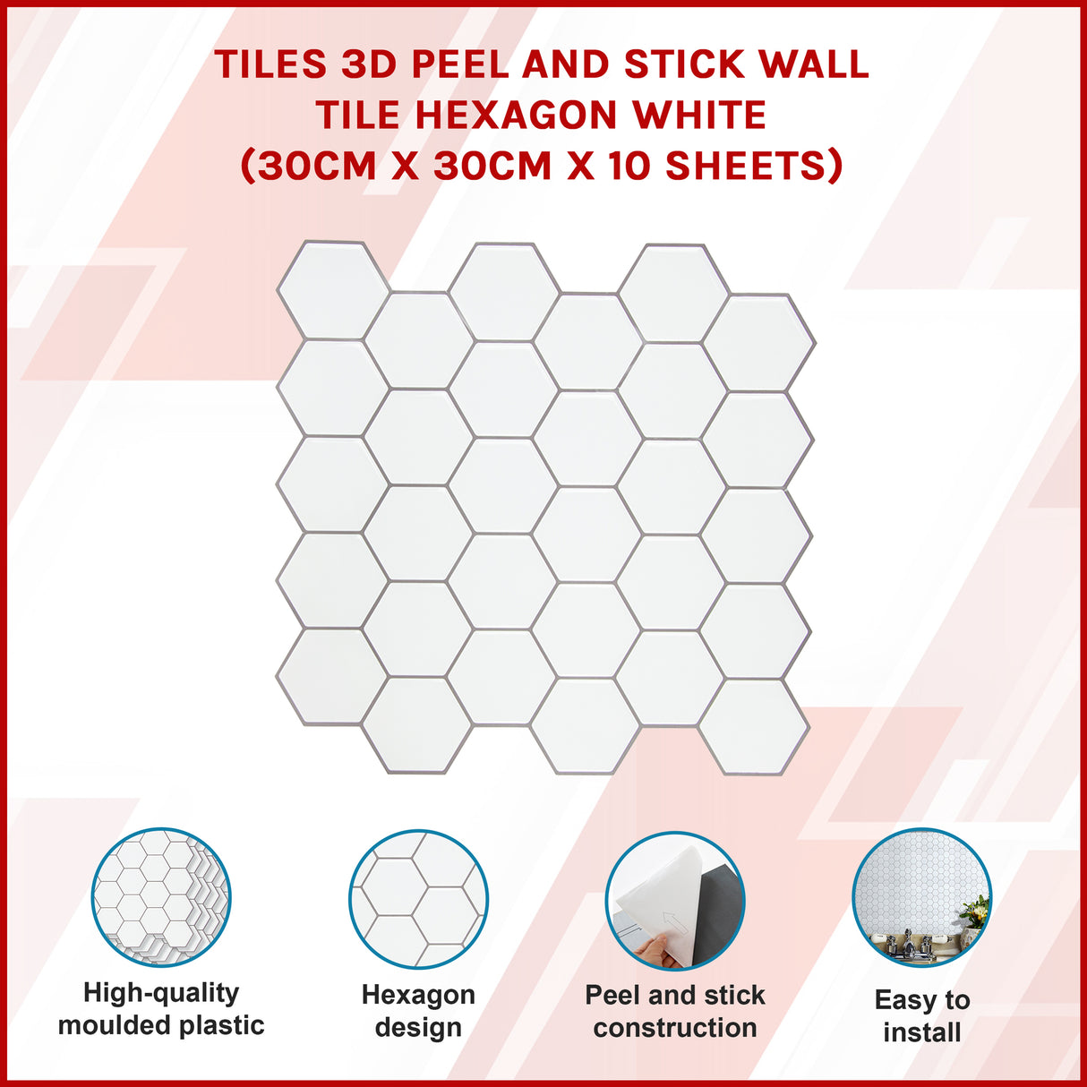 Tiles 3D Peel and Stick Wall Tile Hexagon White (30cm x 30cm x 10 sheets)