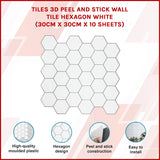 Tiles 3D Peel and Stick Wall Tile Hexagon White (30cm x 30cm x 10 sheets) - Front View