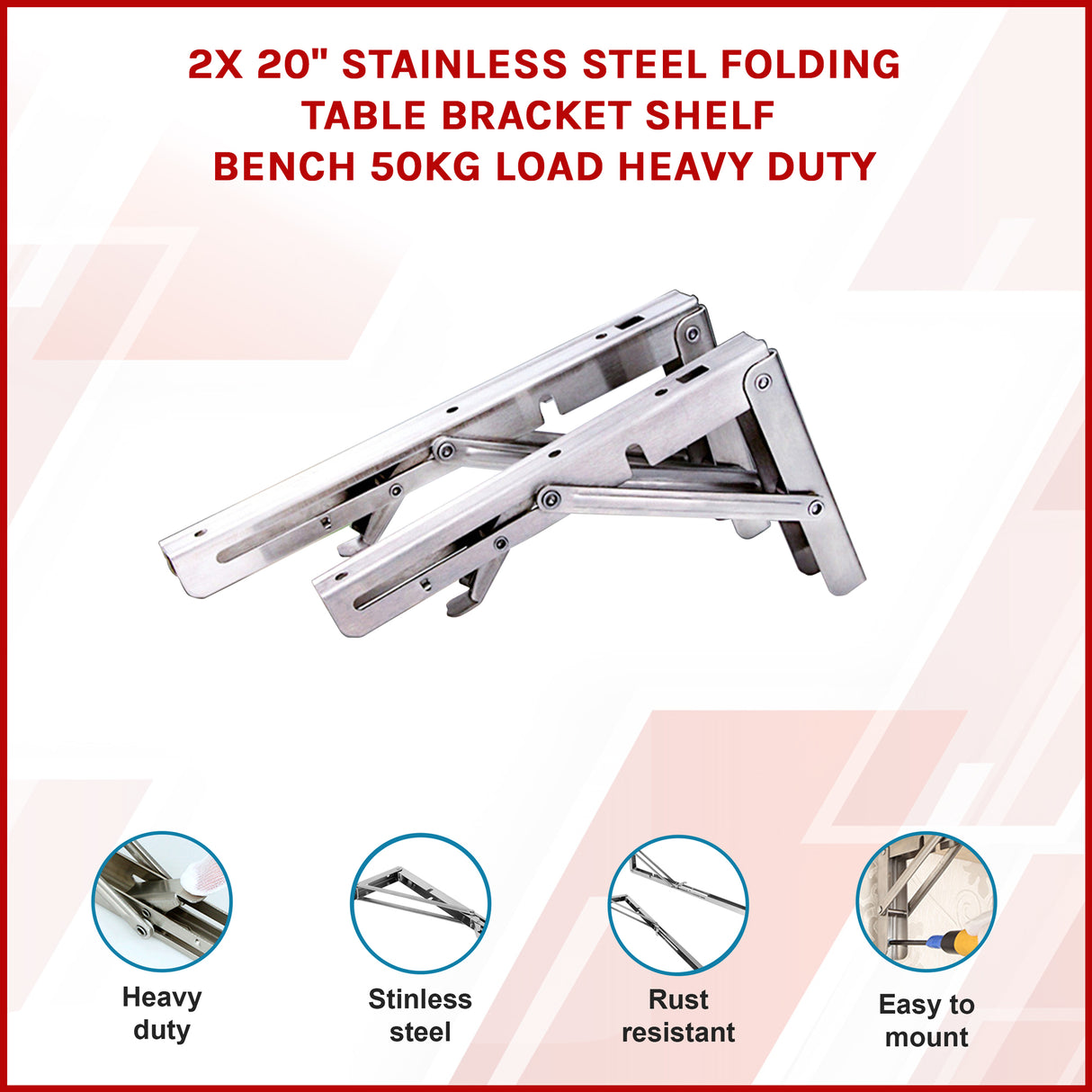 2x 20" Stainless Steel Folding Table Bracket Shelf Bench 50kg Load Heavy Duty