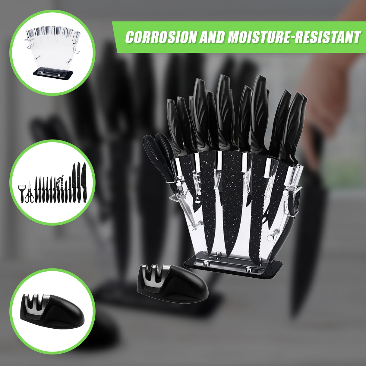 Kitchen 17 Piece Knife Set with Block and Sharpener Chef Knives