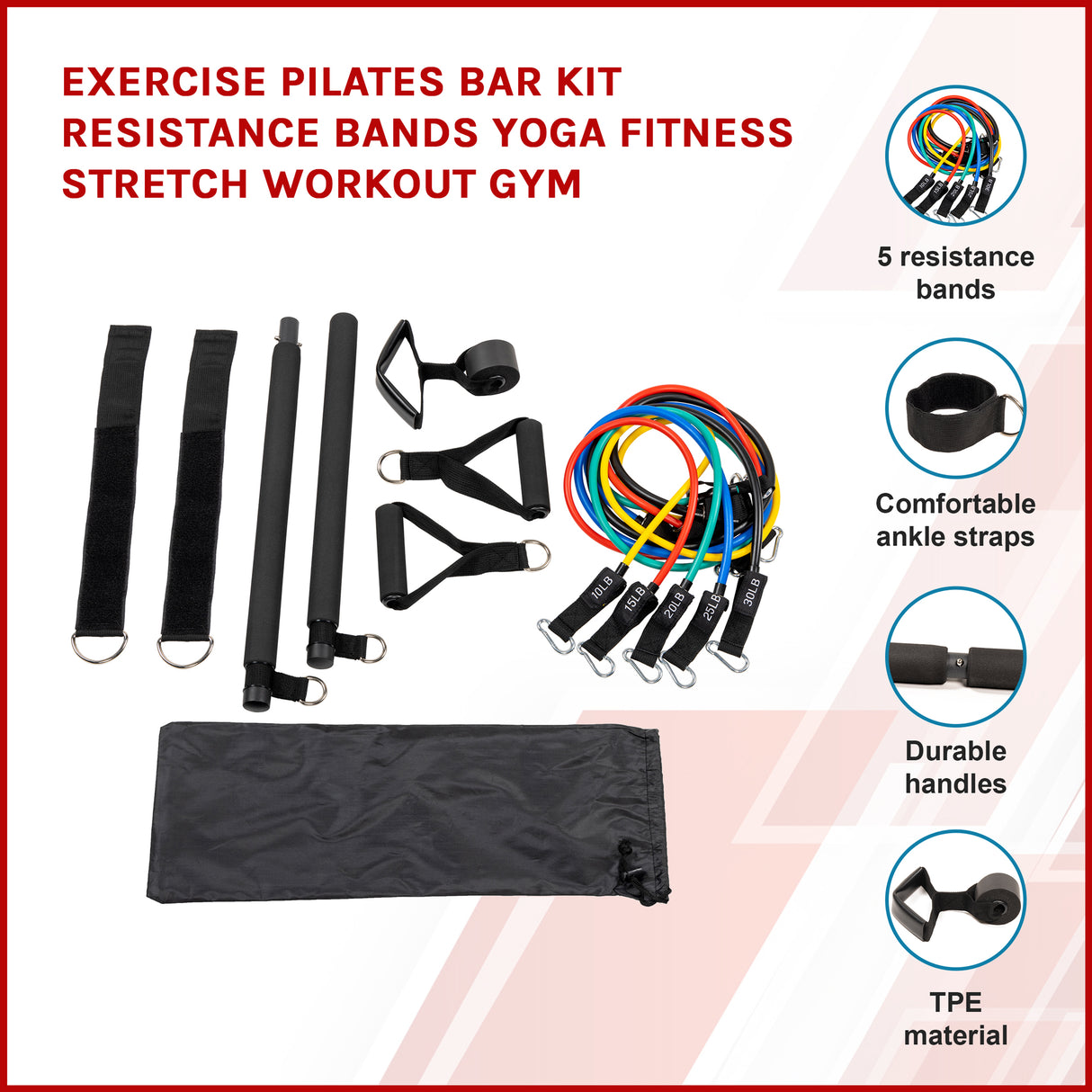 Exercise Pilates Bar Kit Resistance Bands Yoga Fitness Stretch Workout Gym
