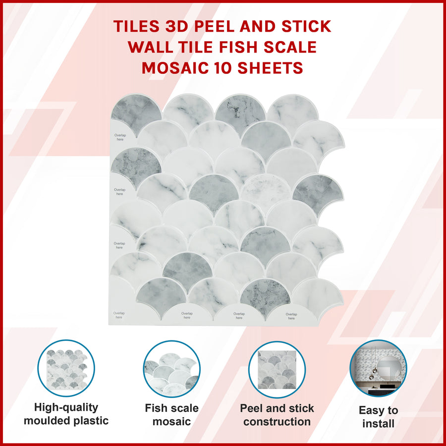 Tiles 3D Peel and Stick Wall Tile Fish Scale Mosaic 10 Sheets