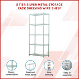 5 Tier Silver Metal Storage Rack Shelving Wire Shelf - Side View
