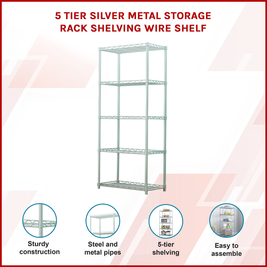 5 Tier Silver Metal Storage Rack Shelving Wire Shelf