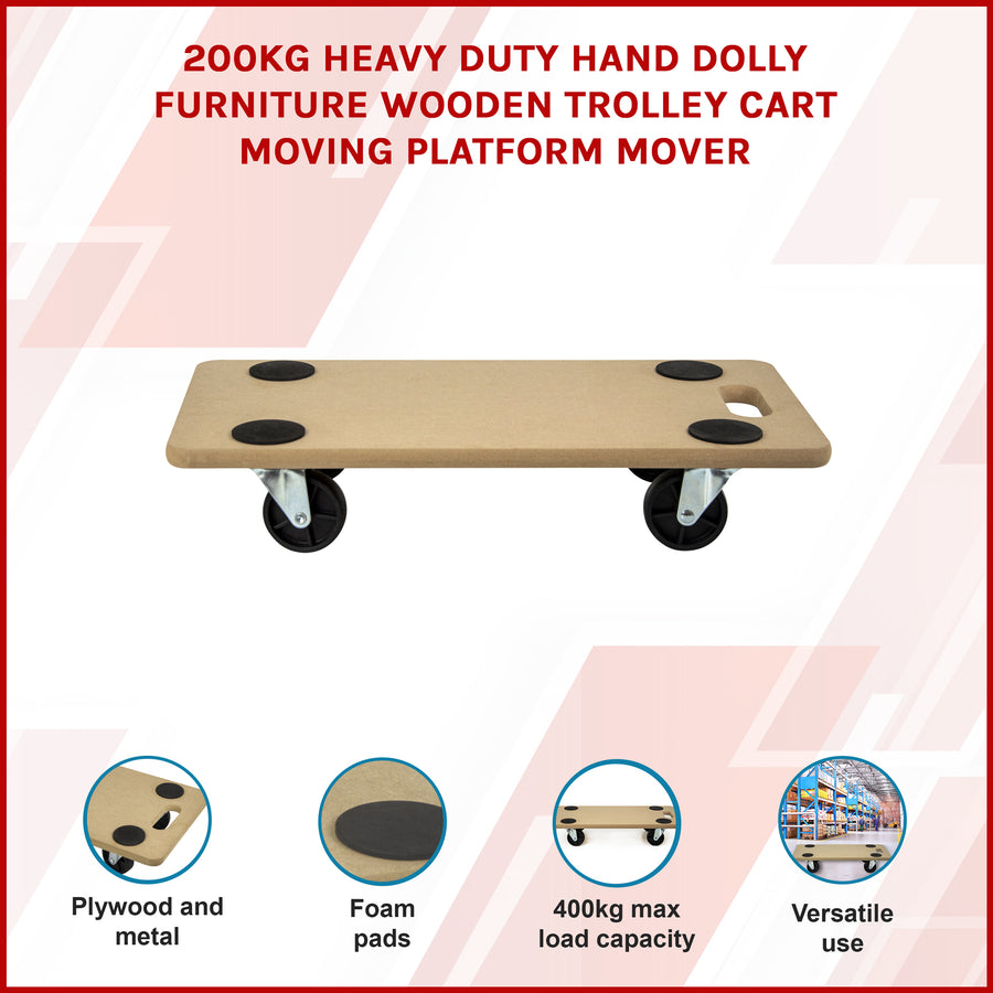 200kg Heavy Duty Hand Dolly Furniture Wooden Trolley Cart Moving Platform Mover, image 2