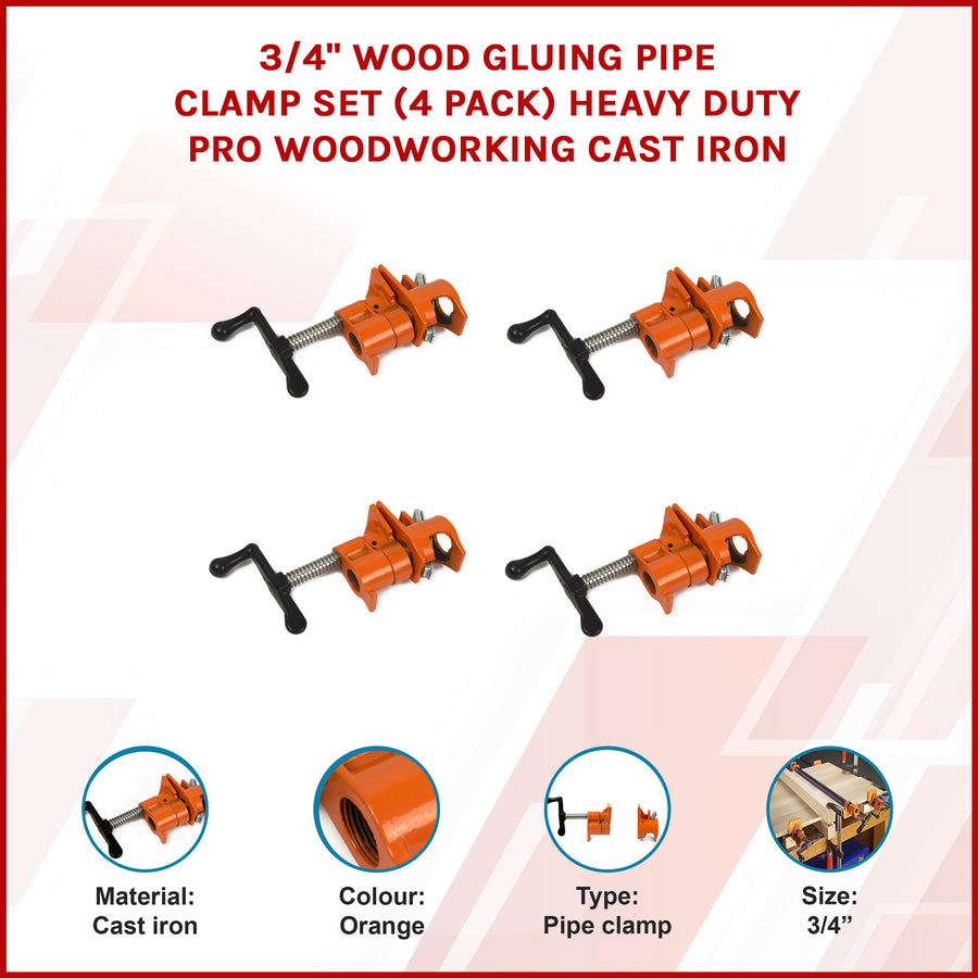 3/4" Wood Gluing Pipe Clamp Set (4 Pack) Heavy Duty PRO Woodworking Cast Iron, image 2