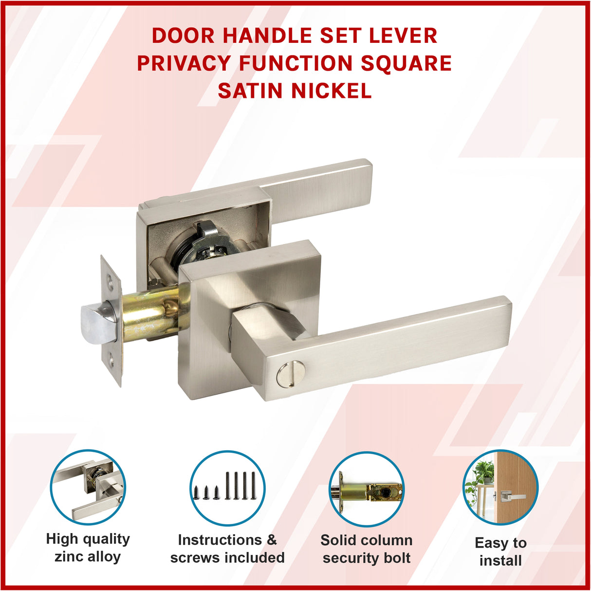 Door Handle Set Lever Privacy Function Square Satin Nickel