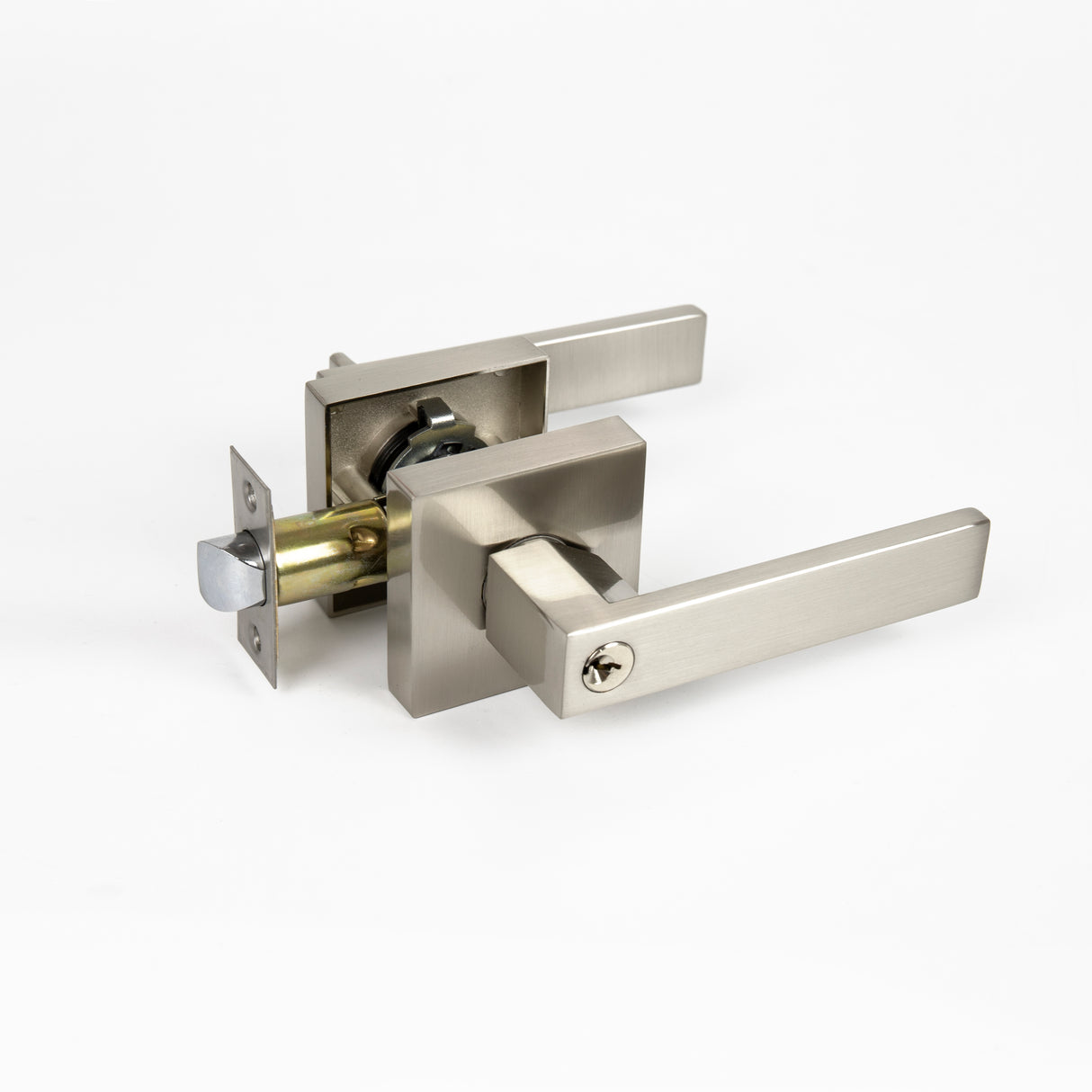 Door Handle Set Lever Key Lock Function Square Satin Nickel