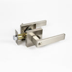 Door Handle Set Lever Key Lock Function Square Satin Nickel