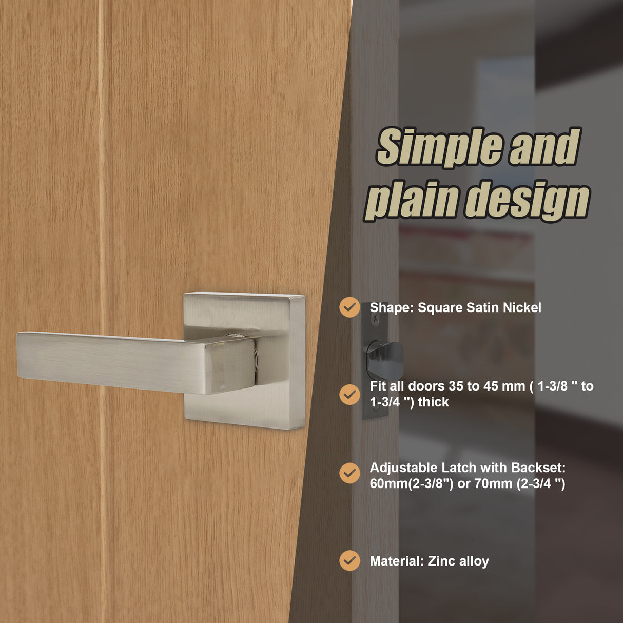Door Handle Set Lever Passage Function Square Satin Nickel
