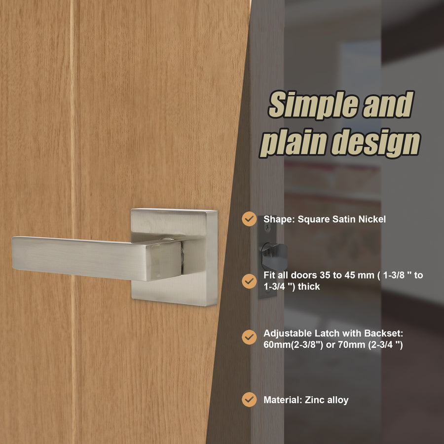 Door Handle Set Lever Passage Function Square Satin Nickel