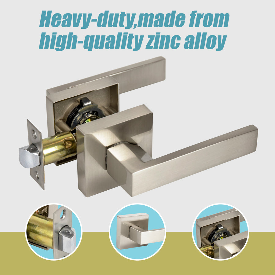Door Handle Set Lever Passage Function Square Satin Nickel