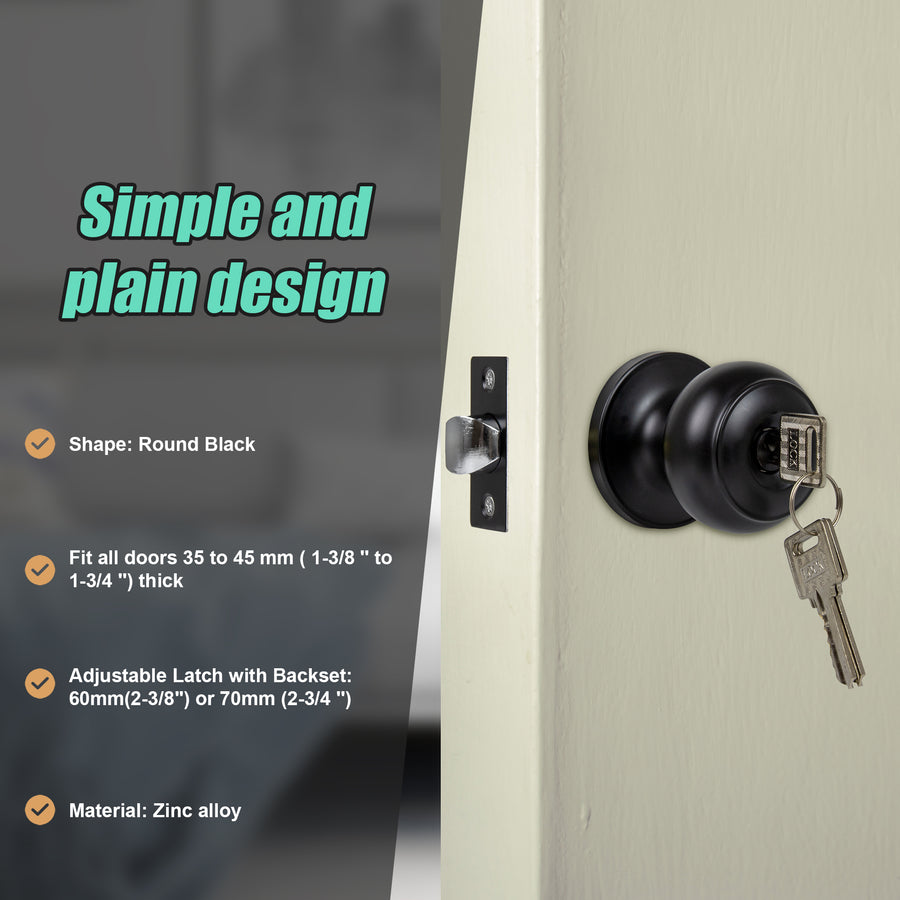 Door Handle Set Key Lock Function Round Black