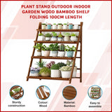 Plant Stand Outdoor Indoor Garden Wood Bamboo Shelf Folding 100CM Length - Rear View