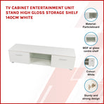 TV Cabinet Entertainment Unit Stand High Gloss Storage Shelf 140cm White