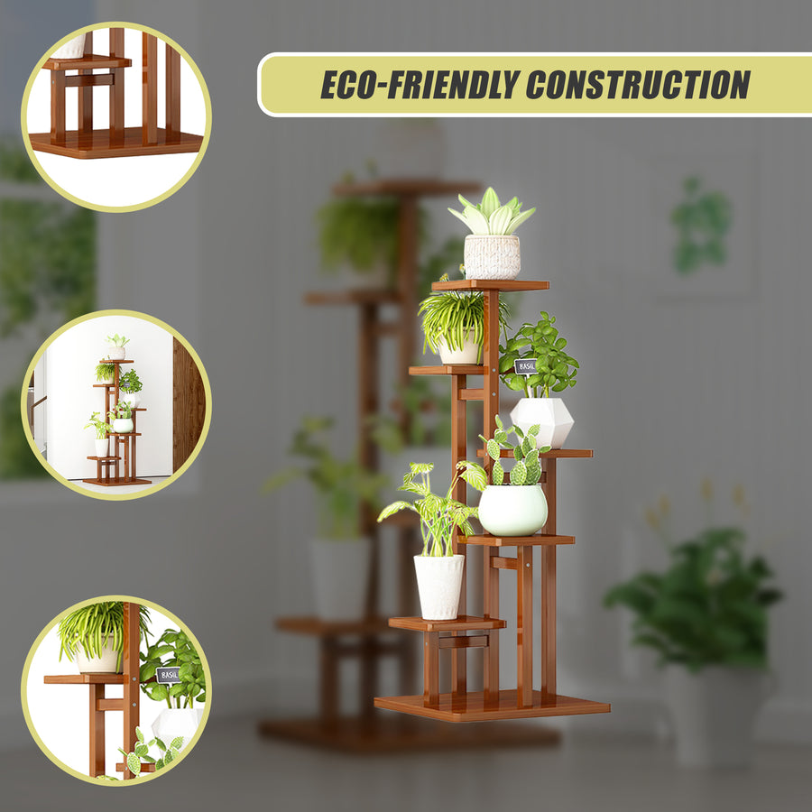 5 Tiers Vertical Bamboo Plant Stand Staged Flower Shelf Rack Outdoor Garden