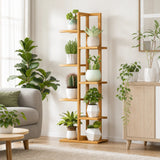 6 Tiers Vertical Bamboo Plant Stand Staged Flower Shelf Rack Outdoor Garden