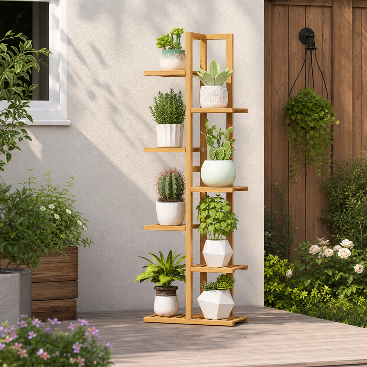 6 Tiers Vertical Bamboo Plant Stand Staged Flower Shelf Rack Outdoor Garden