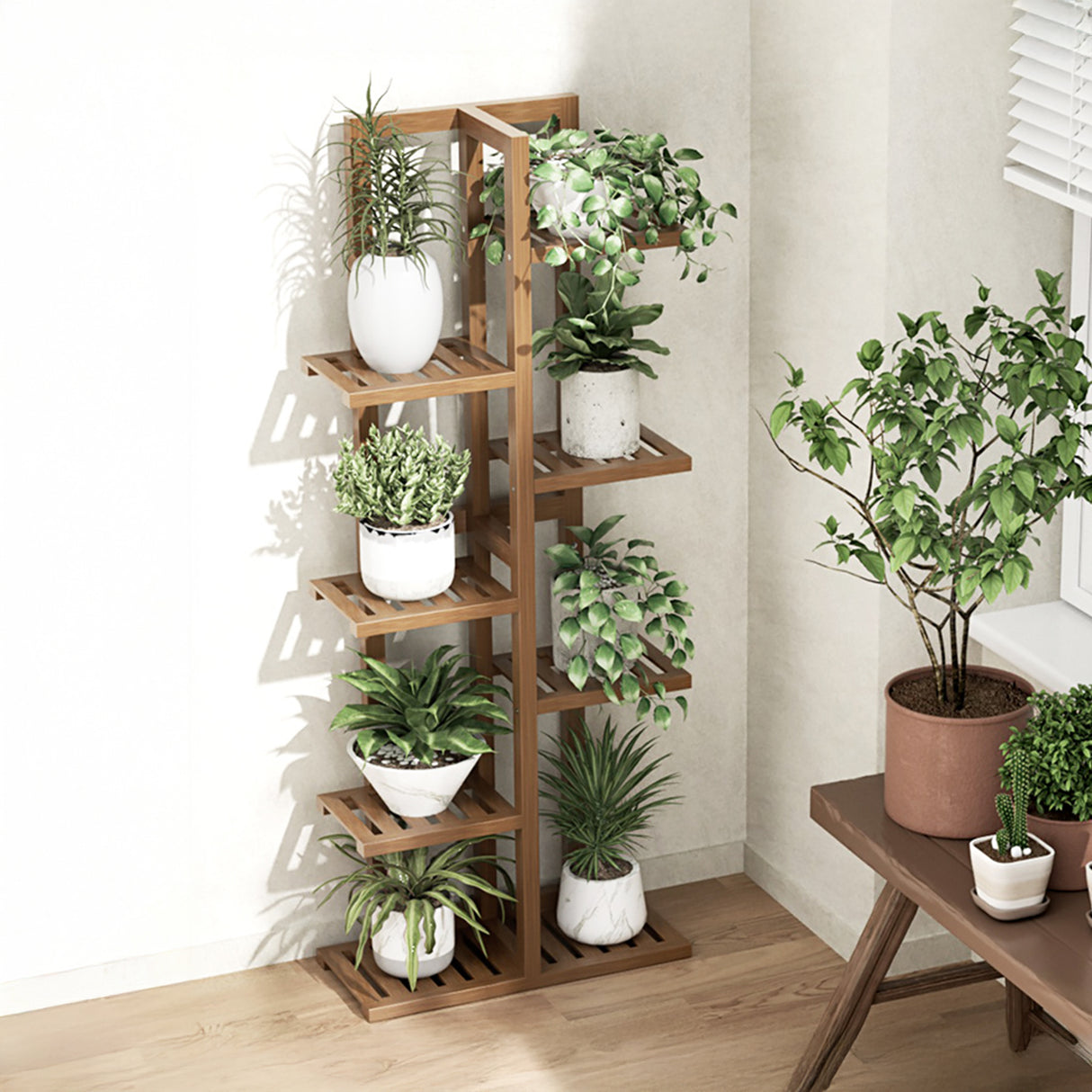 6 Tiers Vertical Bamboo Plant Stand Staged Flower Shelf Rack Outdoor Garden