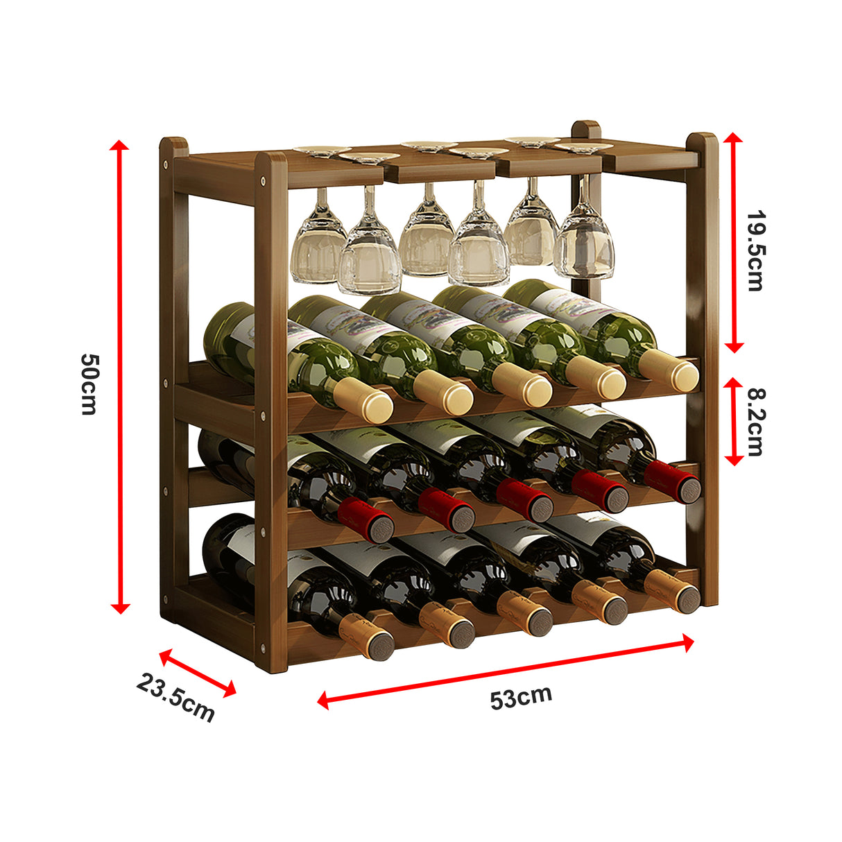 Bamboo Wine Rack Free Standing 15 Bottles with 6 Glasses Holder Storage in Dark Brown
