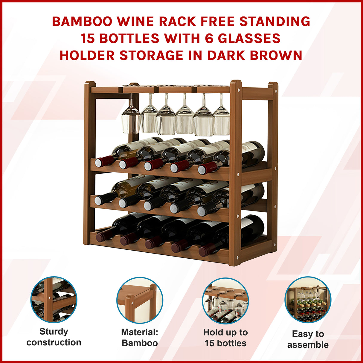 Bamboo Wine Rack Free Standing 15 Bottles with 6 Glasses Holder Storage in Dark Brown