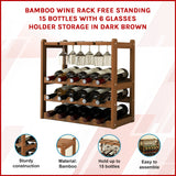 Bamboo Wine Rack Free Standing 15 Bottles with 6 Glasses Holder Storage in Dark Brown - Front View