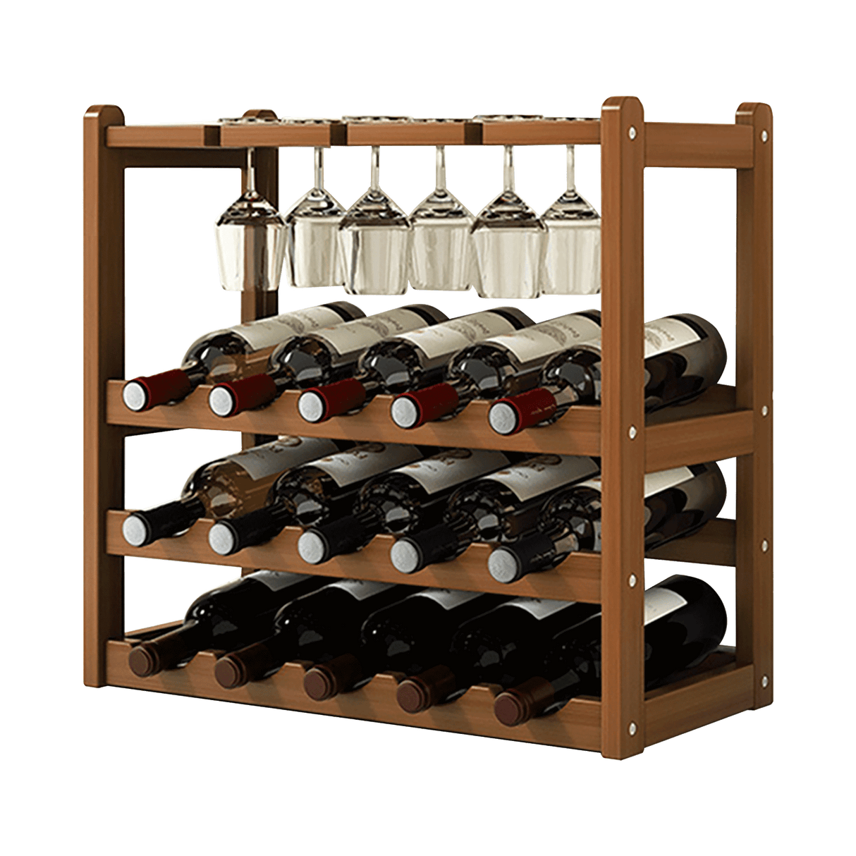 Bamboo Wine Rack Free Standing 15 Bottles with 6 Glasses Holder Storage in Dark Brown
