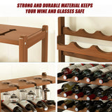 Bamboo Wine Rack Free Standing 15 Bottles with 6 Glasses Holder Storage in Dark Brown - Close-Up Angle