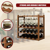 Bamboo Wine Rack Free Standing 15 Bottles with 6 Glasses Holder Storage in Dark Brown - Low Angle