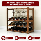 Bamboo Wine Rack Free Standing 15 Bottles with 6 Glasses Holder Storage in Dark Brown - Extra Image