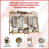 Portable Clothes Rack Coat Garment Stand Bamboo Rail Hanger Airer Closet - Front View