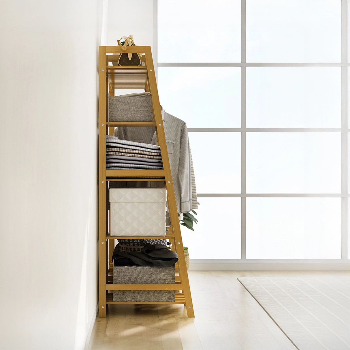 Portable Clothes Rack Coat Garment Stand Bamboo Rail Hanger Airer Closet