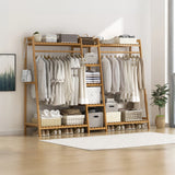Portable Clothes Rack Coat Garment Stand Bamboo Rail Hanger Airer Closet - Low Angle