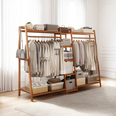 Portable Clothes Rack Coat Garment Stand Bamboo Rail Hanger Airer Closet