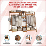 Portable Clothes Rack Coat Garment Stand Bamboo Rail Hanger Airer Closet - Front View